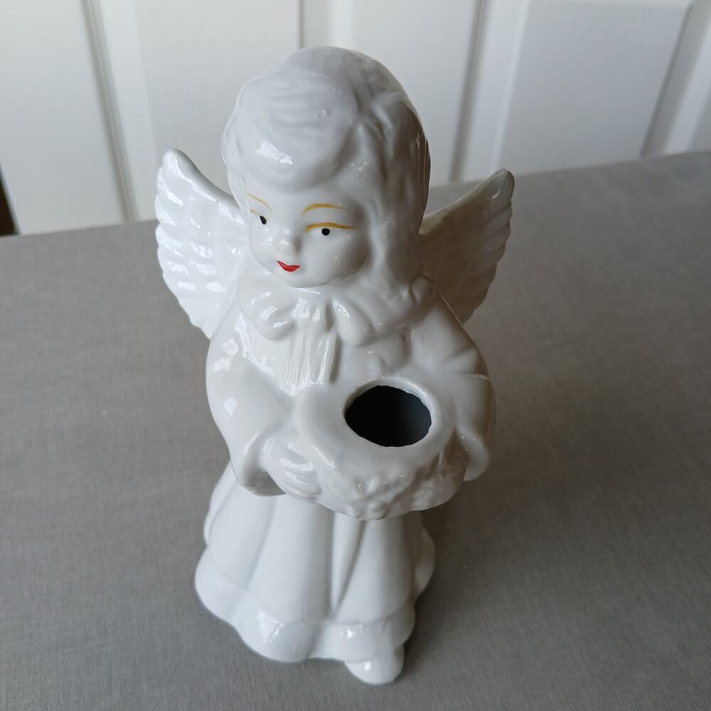 Vintage Ceramic Angel Taper Candle Holder 6" white with gold accents Christmas - Picture 5 of 12